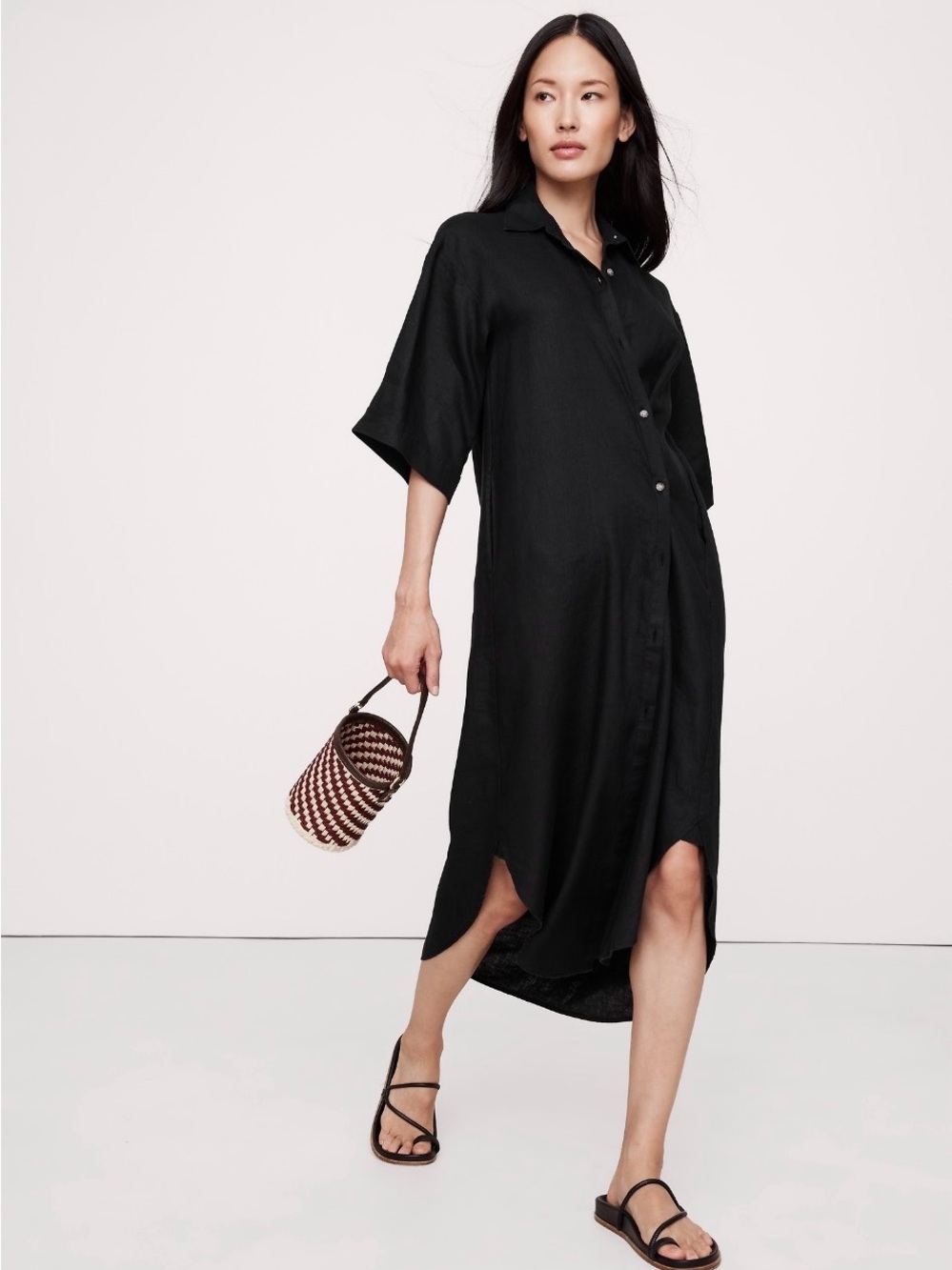 Banana Republic Black Linen Asymmetrical Shirt Dress Size XS